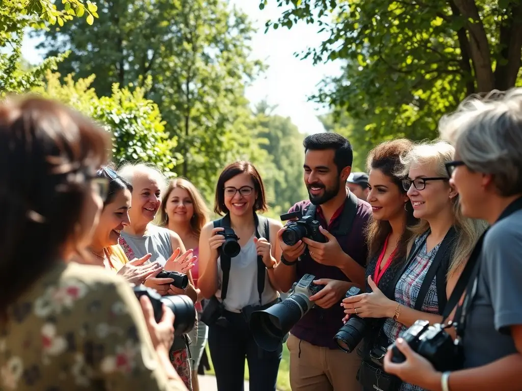 A collaborative photography project in progress, depicting a group of photographers working together on a community-based project in a local setting. The image conveys teamwork, creativity, and the impact of photography on community engagement.