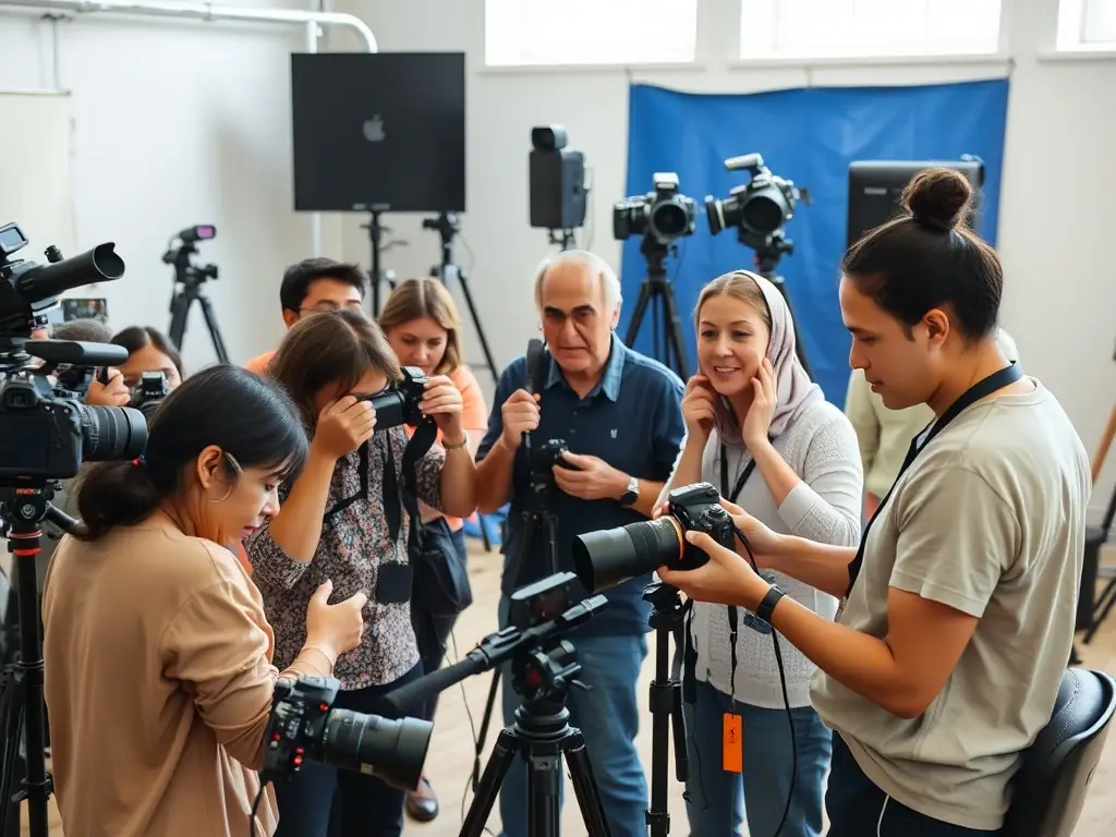A group of photography enthusiasts participating in a hands-on workshop, learning about camera settings and composition techniques in a studio setting at ATELIER PHOTOGRAPHIQUE BRIVISTE.