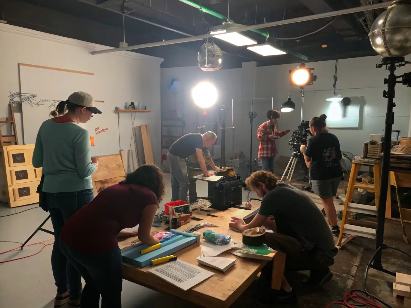 A dynamic image showcasing participants actively engaged in a photography workshop, experimenting with lighting and composition under the guidance of a professional instructor. The setting is a well-equipped studio, emphasizing hands-on learning and creative exploration.
